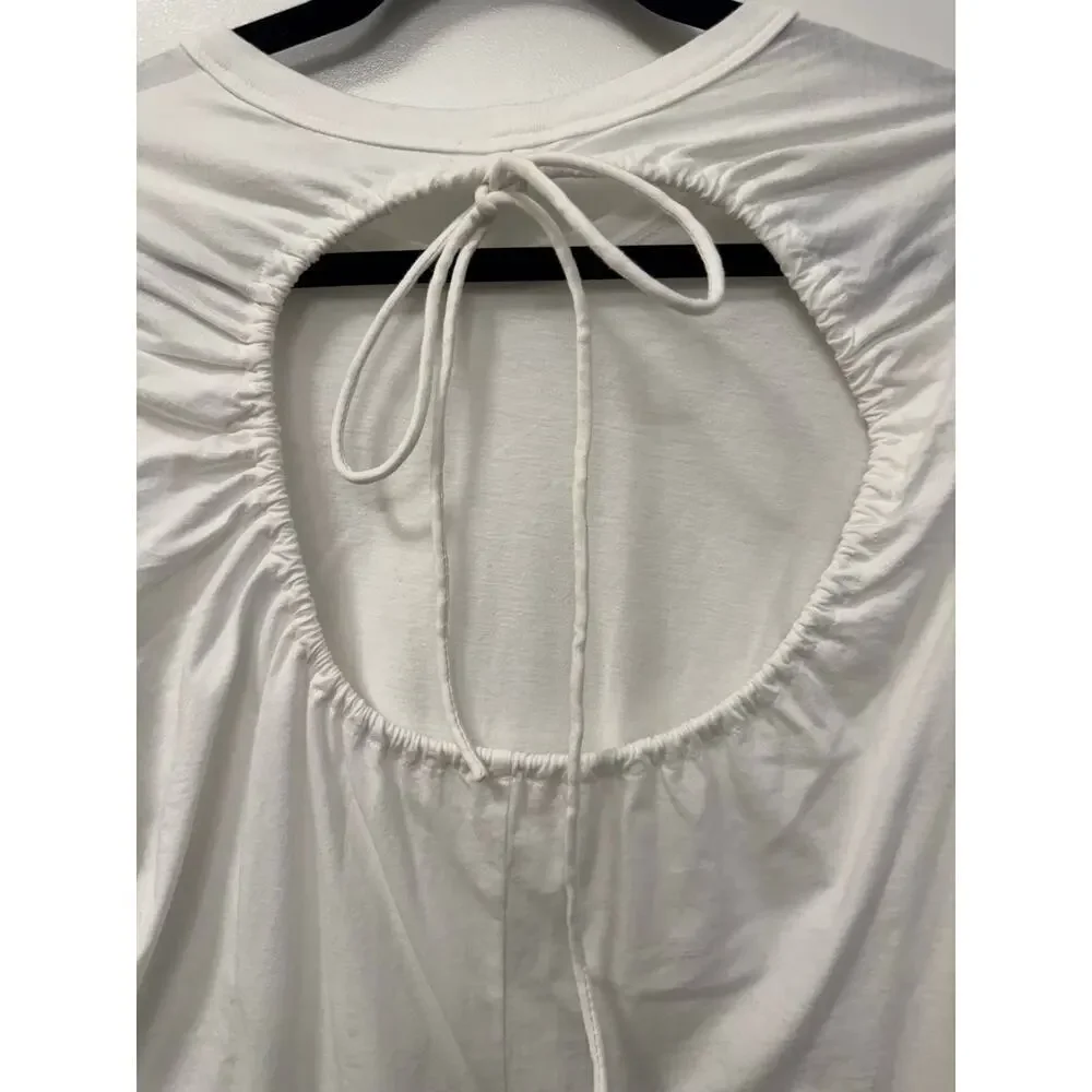 A.L.C Marco T-Shirt Women's L White Cotton Open Tie Back Crew Neck Long Sleeve